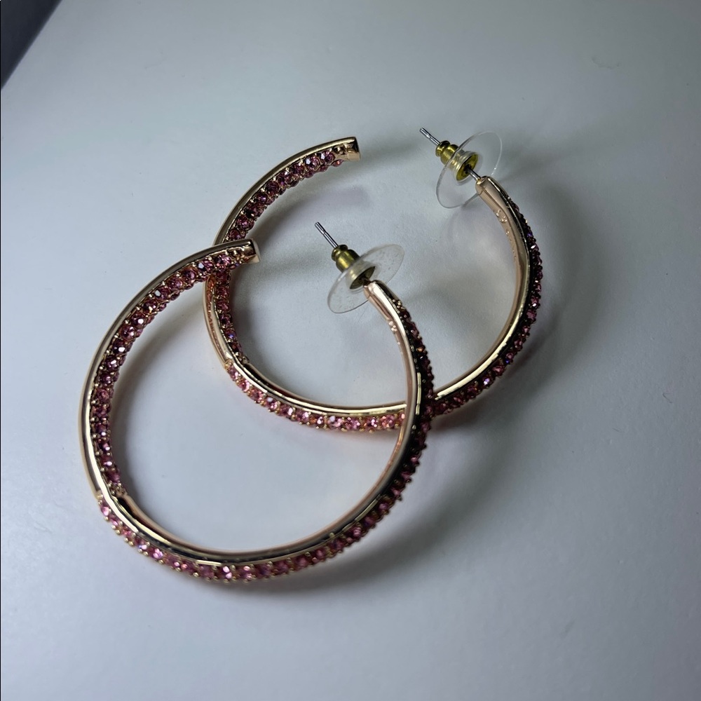 Sparkling Pink and Gold toned Hoop Earrings